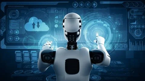 XAI AI robot using cloud computing technology to store data on online server Stock Illustration