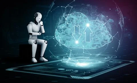 XAI AI robot using cloud computing technology to store data on online server Illustrazione stock