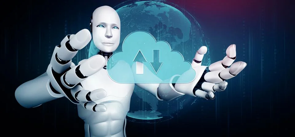 XAI AI robot using cloud computing technology to store data on online server Illustrazione stock