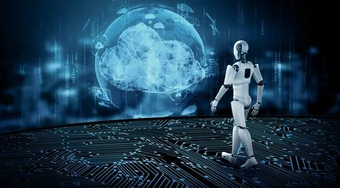 XAI AI robot using cloud computing technology to store data on online server Illustrazione stock