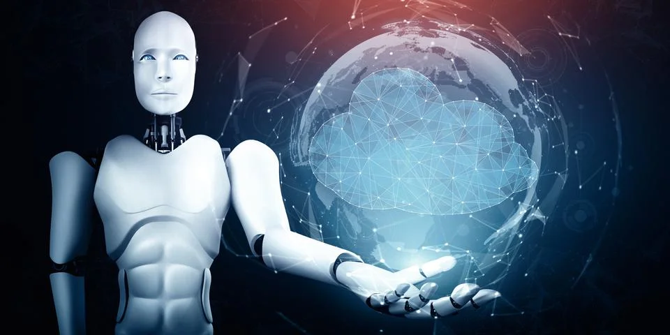 XAI AI robot using cloud computing technology to store data on online server Illustrazione stock