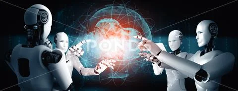 XAI AI robot using cloud computing technology to store data on online server Illustrazione stock