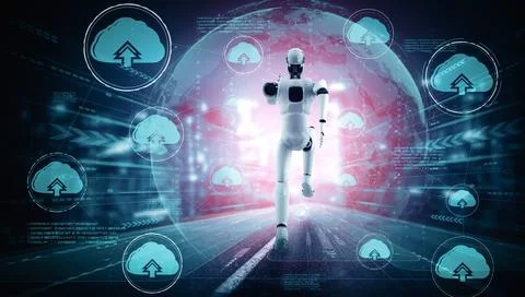 XAI AI robot using cloud computing technology to store data on online server Illustrazione stock