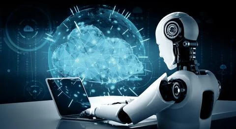 XAI AI robot using cloud computing technology to store data on online server Illustrazione stock