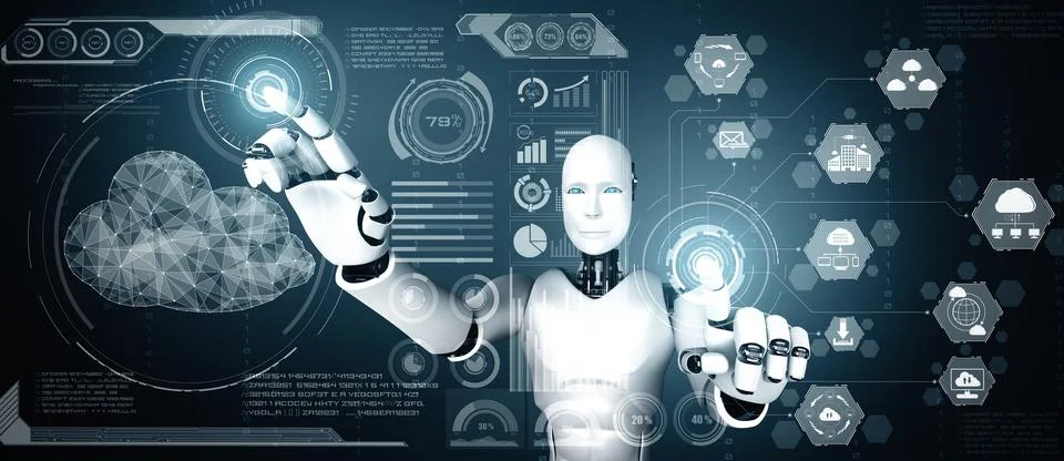 XAI AI robot using cloud computing technology to store data on online server Illustrazione stock