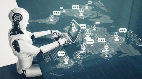 XAI AI robot using computer to chat with customer. Concept of chat bot Stock Illustration