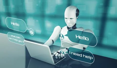 XAI AI robot using computer to chat with customer. Concept of chat bot 库存插图