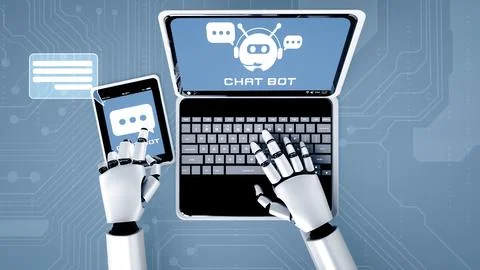 XAI AI robot using computer to chat with customer. Concept of chat bot Stock Illustration