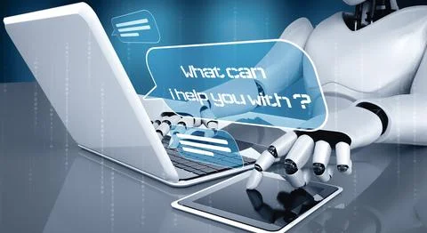 XAI AI robot using computer to chat with customer. Concept of chat bot Stock Illustration