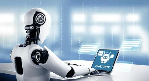 XAI AI robot using computer to chat with customer. Concept of chat bot イラスト素材