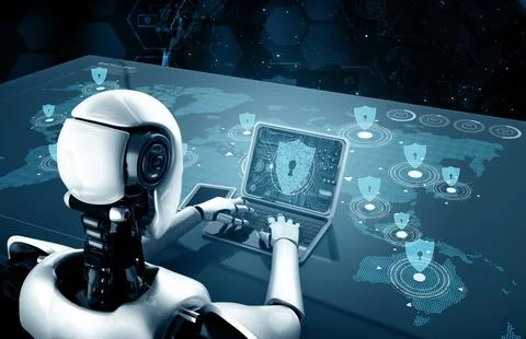 XAI AI robot using cyber security to protect information privacy Illustrazione stock