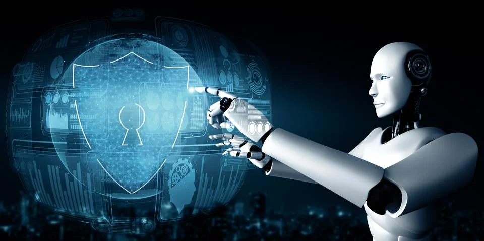 XAI AI robot using cyber security to protect information privacy Stock Illustration