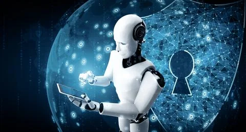 XAI AI robot using cyber security to protect information privacy Stock Illustration
