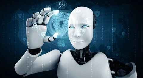 XAI AI robot using cyber security to protect information privacy Stock Illustration