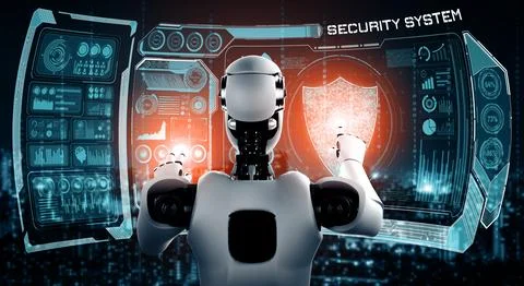 XAI AI robot using cyber security to protect information privacy Stock Illustration