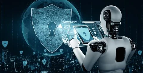 XAI AI robot using cyber security to protect information privacy Illustrazione stock