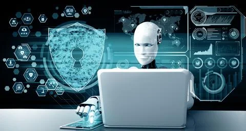 XAI AI robot using cyber security to protect information privacy 库存插图