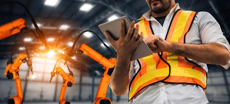 XAI Engineer use advanced robotic software to control industry robot arm in 写真素材