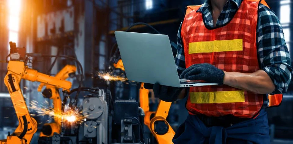 XAI Engineer use advanced robotic software to control industry robot arm in 写真素材