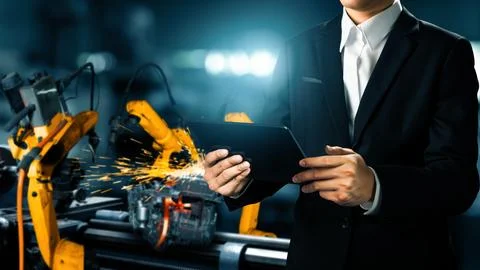 XAI Engineer use advanced robotic software to control industry robot arm in Stockfoto's