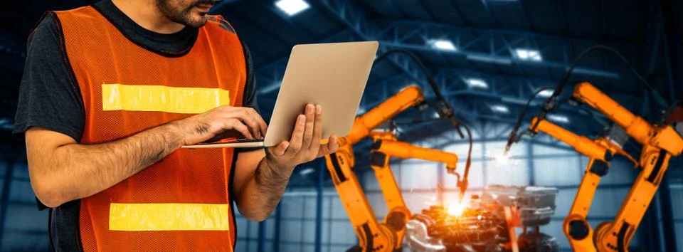 XAI Engineer use advanced robotic software to control industry robot arm in Foto stock