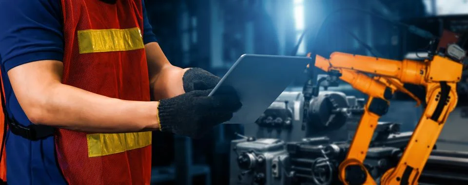 XAI Engineer use advanced robotic software to control industry robot arm in 스톡 사진