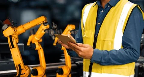 XAI Engineer use advanced robotic software to control industry robot arm in Stockfoto's