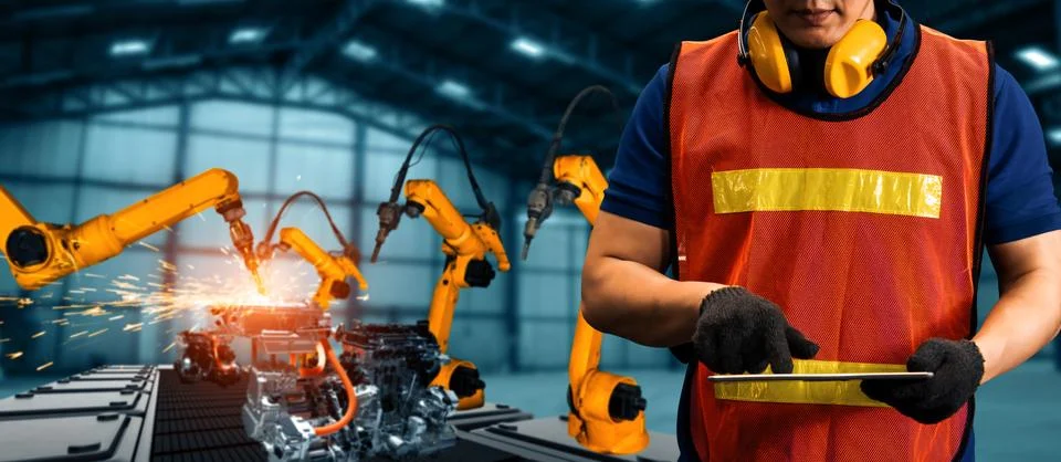 XAI Engineer use advanced robotic software to control industry robot arm in Stock Photos