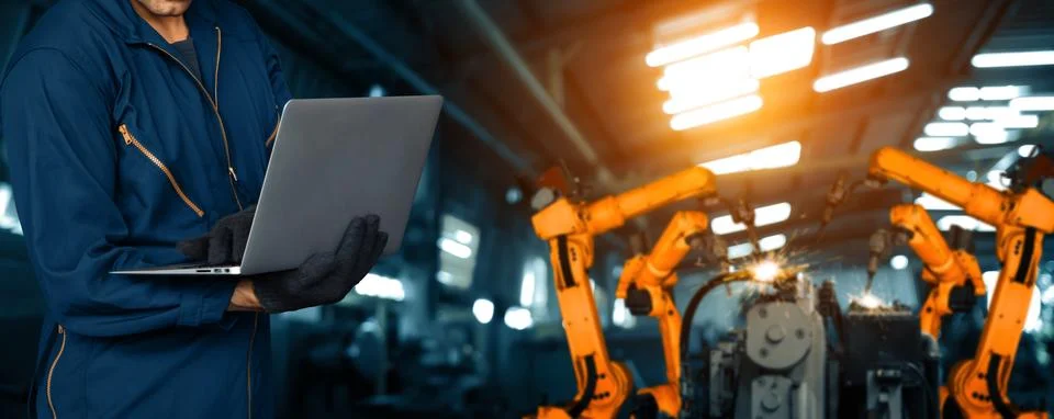 XAI Engineer use advanced robotic software to control industry robot arm in Foto stock