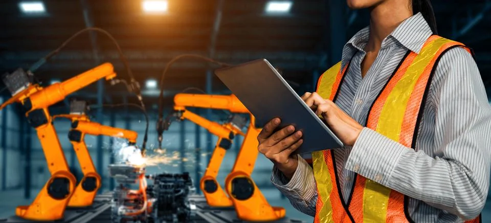 XAI Engineer use advanced robotic software to control industry robot arm in 스톡 사진
