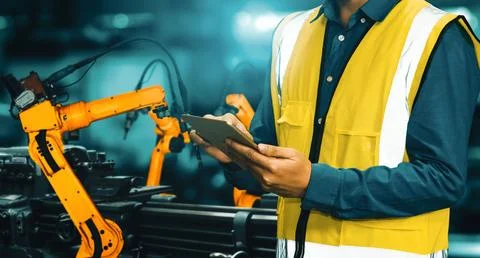 XAI Engineer use advanced robotic software to control industry robot arm in Stock Photos