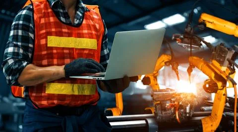 XAI Engineer use advanced robotic software to control industry robot arm in Stockfoto's