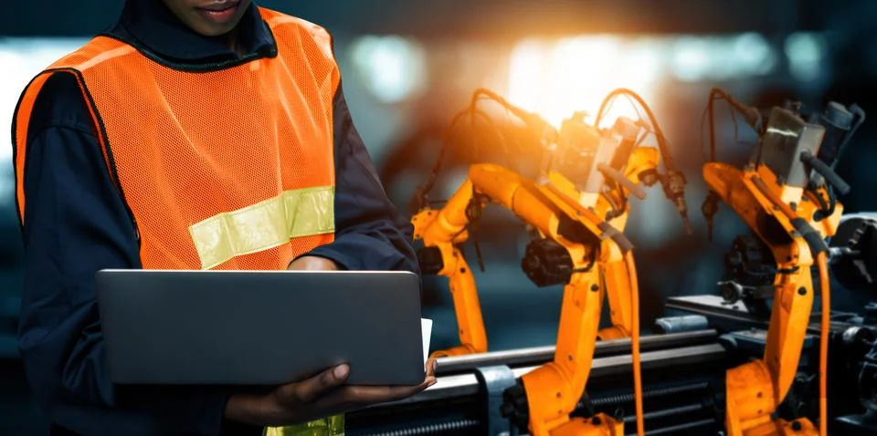 XAI Engineer use advanced robotic software to control industry robot arm in 写真素材