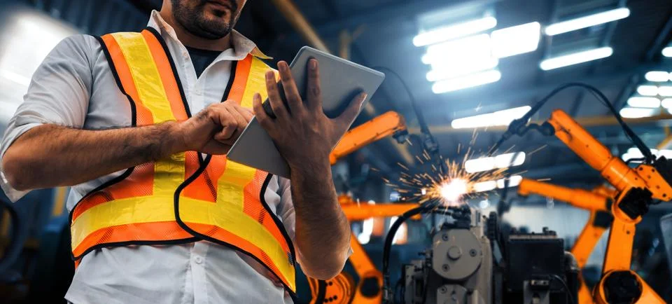 XAI Engineer use advanced robotic software to control industry robot arm in Stockfoto's