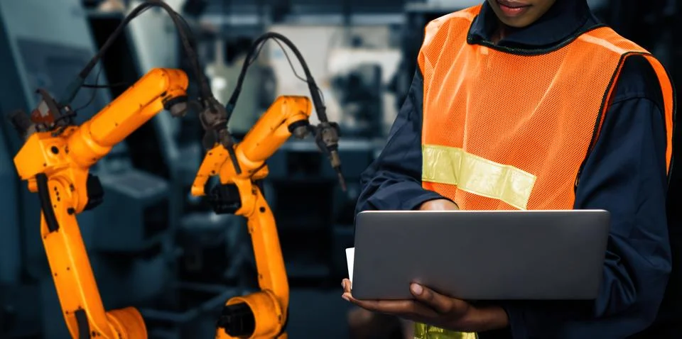 XAI Engineer use advanced robotic software to control industry robot arm in Stock Photos
