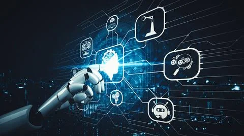 XAI Future artificial intelligence and machine learning for AI droid robot or Illustrazione stock