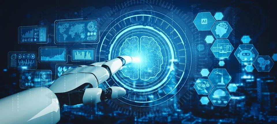 XAI Future artificial intelligence and machine learning for AI droid robot or Illustrazione stock