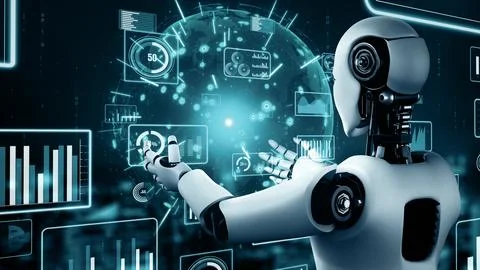 XAI Future financial technology controll by AI robot huminoid uses machine Illustrazione stock