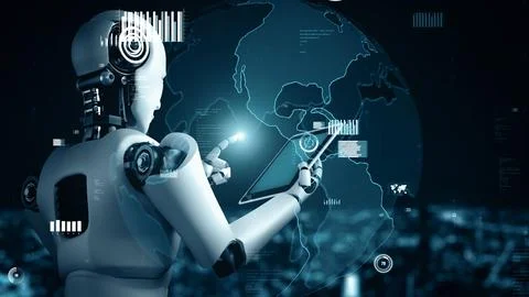 XAI Future financial technology controll by AI robot huminoid uses machine Stock Illustration