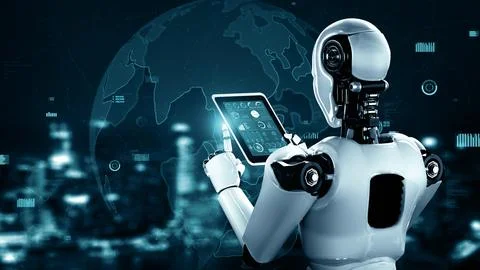 XAI Future financial technology controll by AI robot huminoid uses machine Illustrazione stock