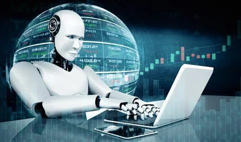 XAI Future financial technology controlled by AI robot using machine learning Stock Illustration