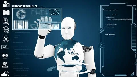 XAI Futuristic robot, artificial intelligence CGI big data analytics and Illustrazione stock