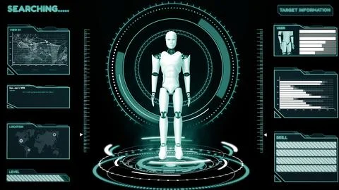 XAI Futuristic robot, artificial intelligence CGI big data analytics and Stock Illustration