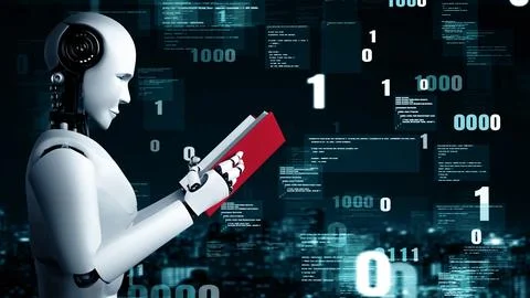XAI Futuristic robot artificial intelligence huminoid AI programming coding Illustrazione stock