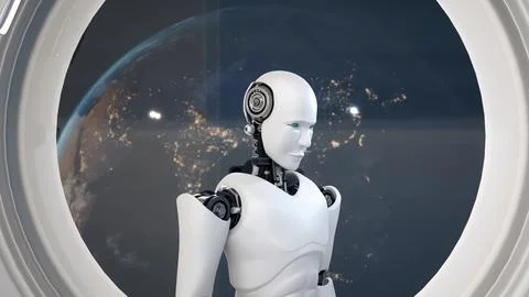 XAI Futuristic robot, artificial intelligence CGI inside spaceship in space Stock Illustration