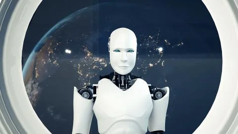 XAI Futuristic robot, artificial intelligence CGI inside spaceship in space 库存插图