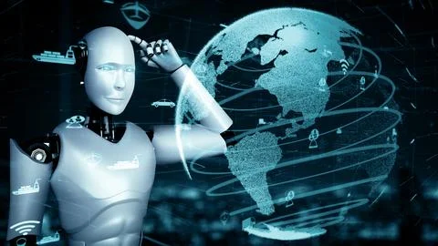 XAI Futuristic robot artificial intelligence huminoid AI transportation analytic Stock Illustration