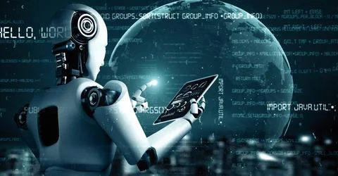 XAI Futuristic robot artificial intelligence huminoid AI programming coding Stock Illustration