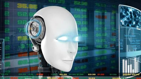 XAI Futuristic robot, artificial intelligence CGI for stock exchange market Illustrazione stock