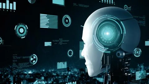 XAI Futuristic robot artificial intelligence huminoid AI for industrial factory 库存插图